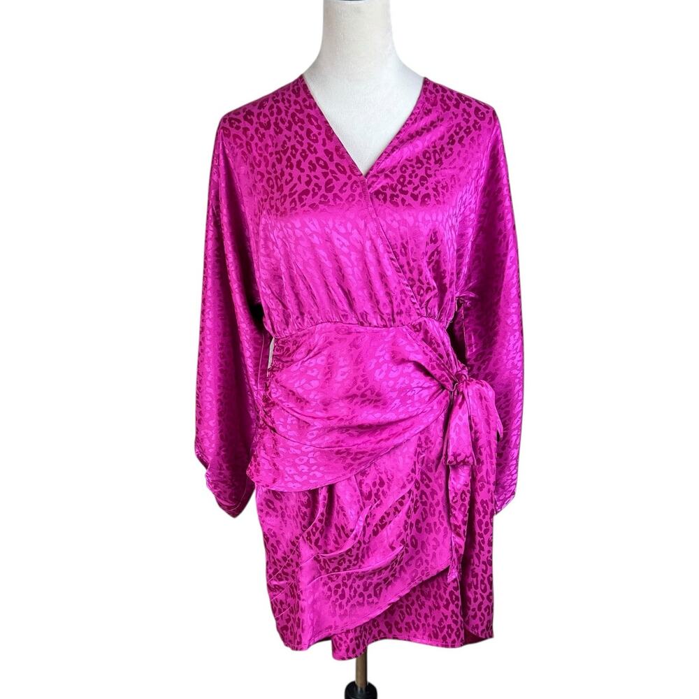White Birch Black Label Magenta Pink Monochrome Leopard Faux Wrap Mini Dress